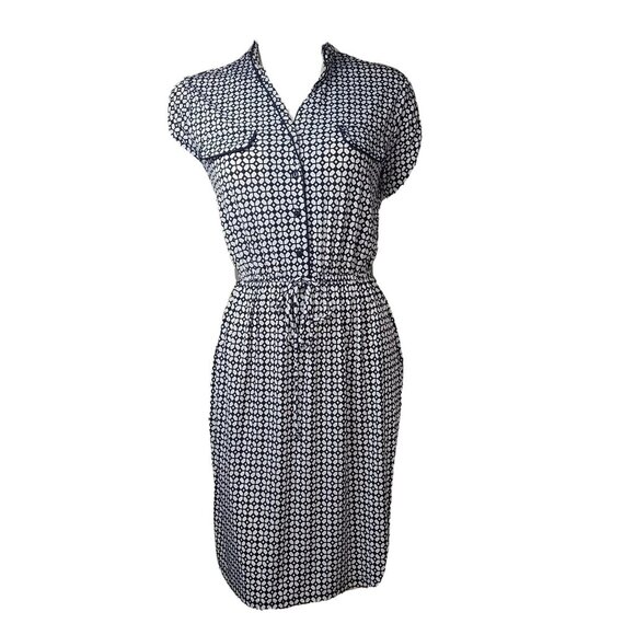 Enfocus Studio Dress Womens Size 4 Blue White Geometric Short Sleeve Drawstring - Picture 1 of 7